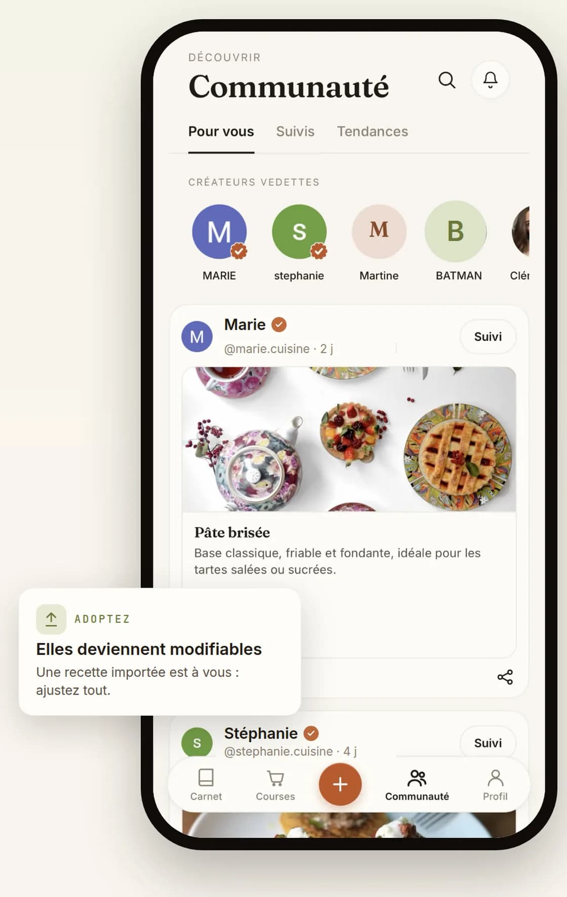 Le feed communauté de RecetteClic avec ses onglets Pour vous, Suivis et Tendances, et sa rangée de créateurs vedettes.