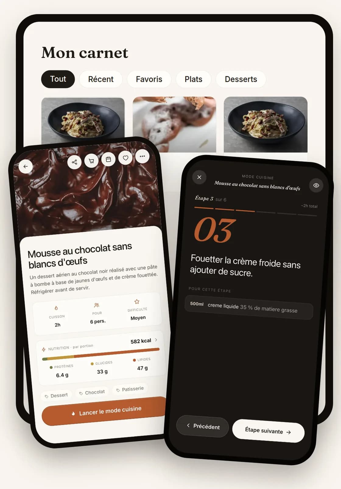 RecetteClic sur iPad, iPhone et Android : le carnet, la fiche recette et le mode cuisine côte à côte.