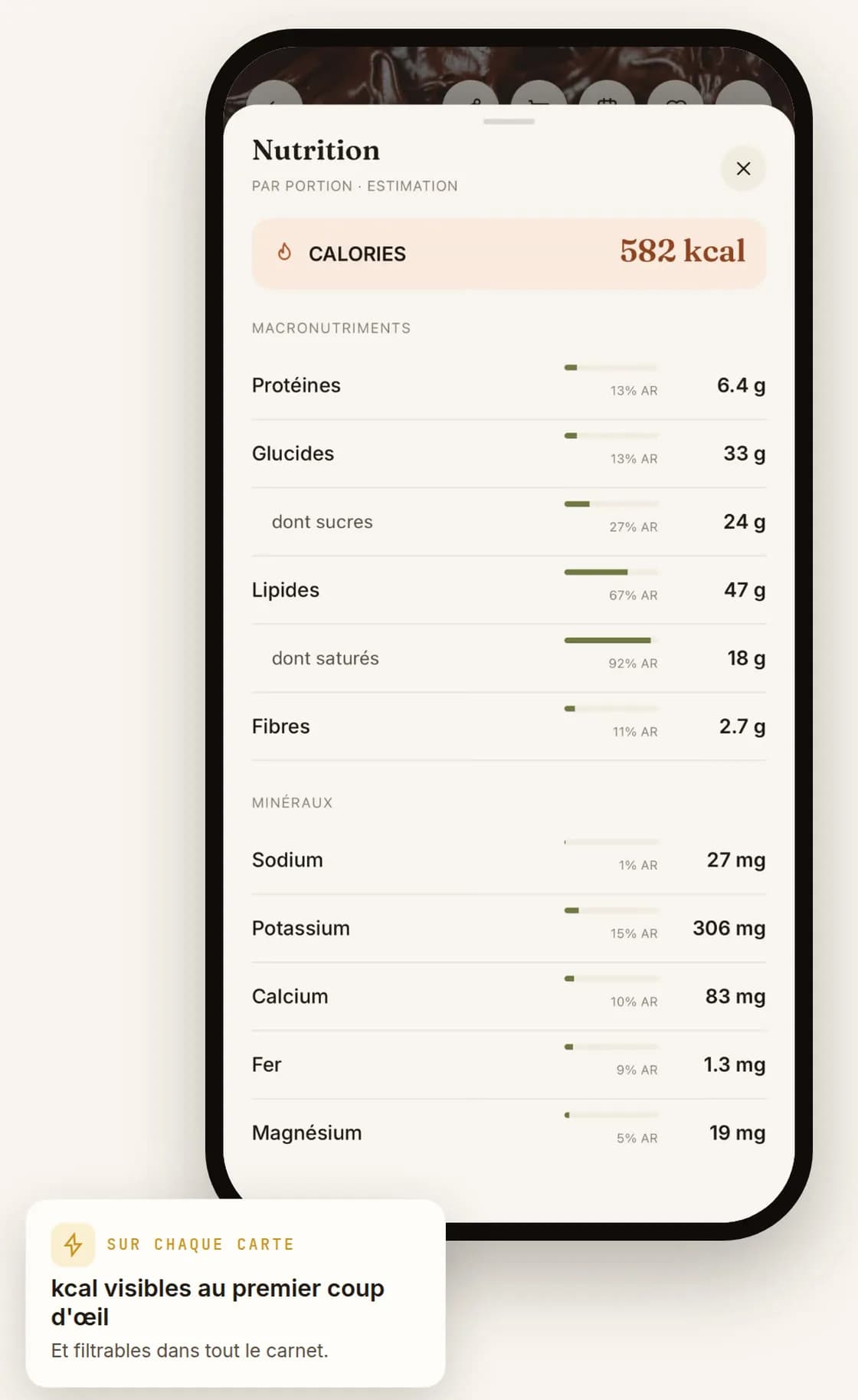 La fiche nutrition détaillée : calories, macronutriments et minéraux par portion, avec le pourcentage des apports de référence.